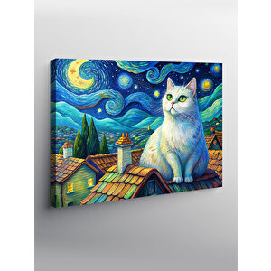 Kanvas Tablo Beyaz Kedi Ve Retro Evler
