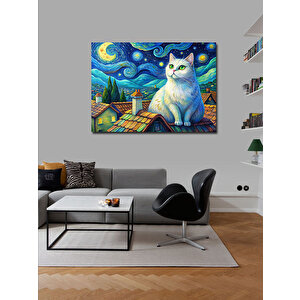 Kanvas Tablo Beyaz Kedi Ve Retro Evler