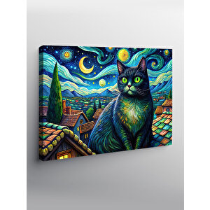 Kanvas Tablo Sevimli Siyah Kedi Ve Retro Evler 70x100 cm