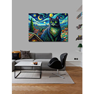 Kanvas Tablo Sevimli Siyah Kedi Ve Retro Evler 70x100 cm