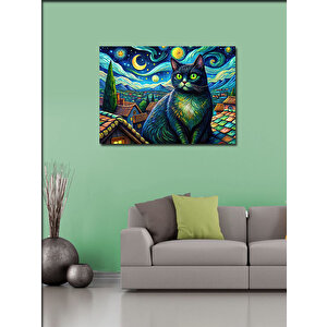 Kanvas Tablo Sevimli Siyah Kedi Ve Retro Evler 70x100 cm