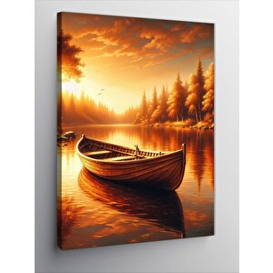 Kanvas Tablo Gün Batımı Göl Manzarası Ve Kayık 70x100 cm