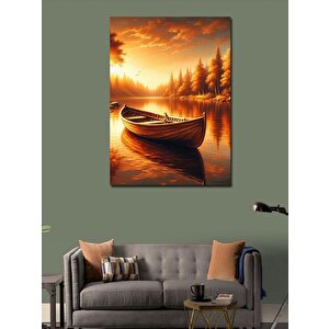 Kanvas Tablo Gün Batımı Göl Manzarası Ve Kayık 70x100 cm