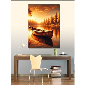 Kanvas Tablo Gün Batımı Göl Manzarası Ve Kayık 70x100 cm