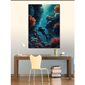 Kanvas Tablo Dalış Yapan Dalgıç Ve Balıklar 100x140 cm