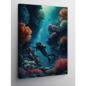 Kanvas Tablo Dalış Yapan Dalgıç Ve Balıklar 70x100 cm