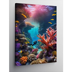 Kanvas Tablo Dalış Yapan Dalgıç Ve Balıklar 70x100 cm