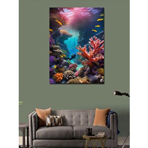 Kanvas Tablo Dalış Yapan Dalgıç Ve Balıklar 70x100 cm