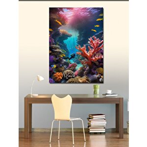 Kanvas Tablo Dalış Yapan Dalgıç Ve Balıklar 70x100 cm
