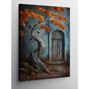 Kanvas Tablo Ahşap Kapı Ve Ağaç 100x140 cm