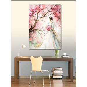 Kanvas Tablo Pembe Ağaç Ve Kadın