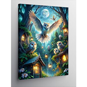 Kanvas Tablo Ağaç Evler Ve Sevimli Baykuşlar 70x100 cm