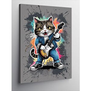Kanvas Tablo Elektro Gitar Çalan Kedi