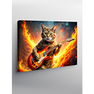 Kanvas Tablo Elektro Gitar Çalan Kedi