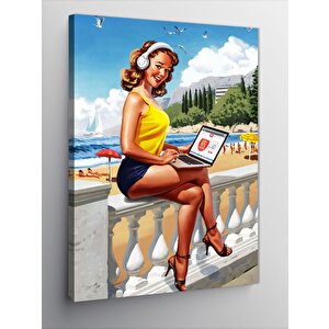 Kanvas Tablo Sahildeki Pin Up Kızı