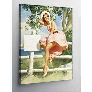 Kanvas Tablo Manzaada Oturan Pin Up Kızı 100x140 cm