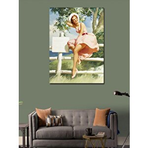 Kanvas Tablo Manzaada Oturan Pin Up Kızı 100x140 cm