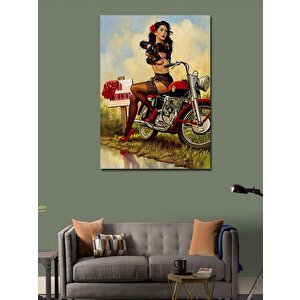 Kanvas Tablo Motosikletli Pin Up Kızı