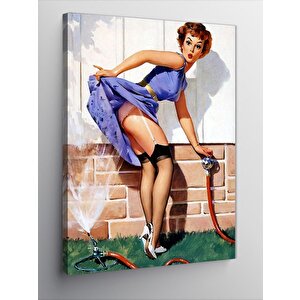 Kanvas Tablo Bahçe Sulayan Pin Up Kızı