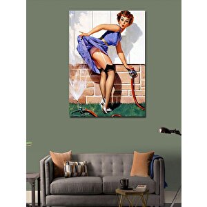 Kanvas Tablo Bahçe Sulayan Pin Up Kızı