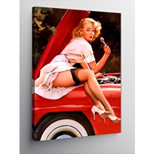 Kanvas Tablo Arabanın Üstünde Oturan Pin Up Kızı