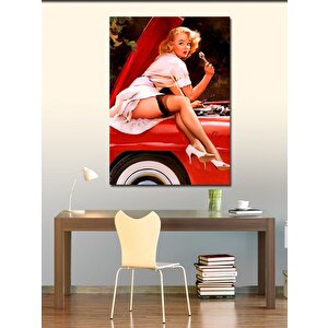 Kanvas Tablo Arabanın Üstünde Oturan Pin Up Kızı