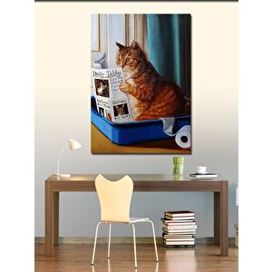 Kanvas Tablo Tuvaletini Yaparken Dergi Okuyan Kedi 100x140 cm