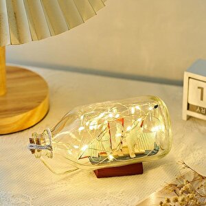 Dekoratif Şişe İçerisinde Işıklı Yelkenli Gemi Büyük Boy, 18 cm Büyük