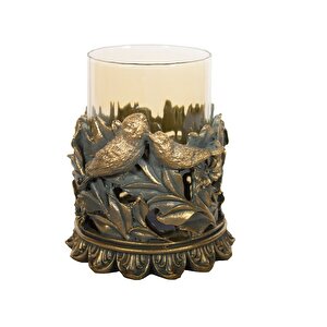 Camlı Mumluk Kuş Detaylı Polyester Yeşil, 15x12,5 Yeşil