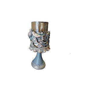 Camlı Mumluk Kuş Detaylı Polyester Yeşil 27x12,5 Yeşil