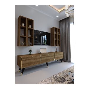 Festival Tv Ünitesi G3002-2 Cevi̇z - Color Gold Detaylı Minifiks Bağlantı Tv Sehpası Ve Duvar Rafı