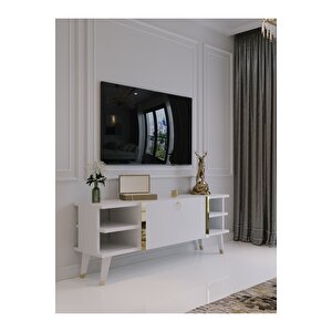 Festival Tv Sehpası G6306-1 Beyaz Parlak Gold Detaylı Minifiks Bağlantı Tv Ünitesi