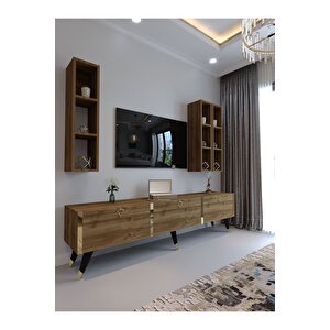 Festival Tv Ünitesi G3007-2 Cevi̇z - Color Gold Detaylı Minifiks Bağlantı Tv Sehpası Ve Duvar Rafı