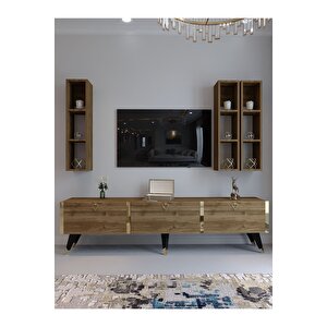 Festival Tv Ünitesi G3007-2 Cevi̇z - Color Gold Detaylı Minifiks Bağlantı Tv Sehpası Ve Duvar Rafı