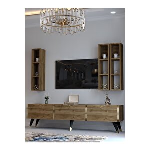Festival Tv Ünitesi G3007-2 Cevi̇z - Color Gold Detaylı Minifiks Bağlantı Tv Sehpası Ve Duvar Rafı