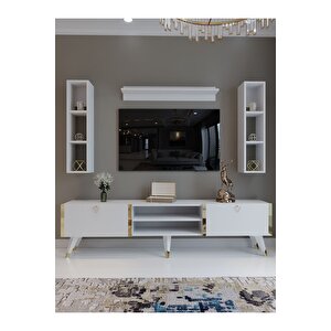 Festival Tv Ünitesi G3009-1 Beyaz Parlak Gold Detaylı Minifiks Bağlantı Tv Sehpası Ve Duvar Rafı