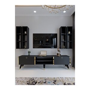 Festival Tv Ünitesi G3001-4 Antrasit - Gold Detaylı Minifiks Bağlantı Tv Sehpası Ve Duvar Rafı