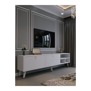 Festival Tv Ünitesi G6501-1 Beyaz Parlak Gold Detaylı Minifiks Bağlantı Tv Sehpası