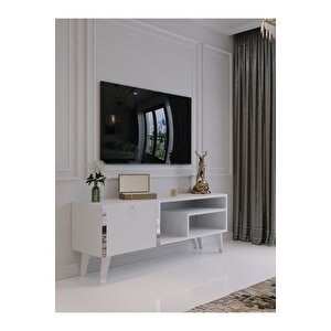 Festival Tv Sehpası S6307-1 Beyaz Parlak Silver Detaylı Minifiks Bağlantı Tv Ünitesi