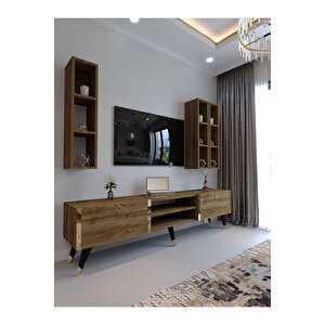 Festival Tv Ünitesi G3006-2 Cevi̇z - Color Gold Detaylı Minifiks Bağlantı Tv Sehpası Ve Duvar Rafı