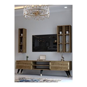 Festival Tv Ünitesi G3006-2 Cevi̇z - Color Gold Detaylı Minifiks Bağlantı Tv Sehpası Ve Duvar Rafı