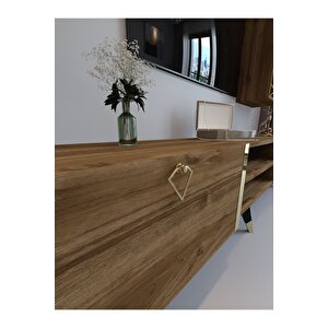 Festival Tv Ünitesi G3006-2 Cevi̇z - Color Gold Detaylı Minifiks Bağlantı Tv Sehpası Ve Duvar Rafı