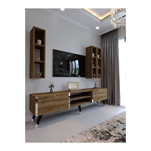 Festival Tv Ünitesi S3006-2 Cevi̇z - Color Silver Detaylı Minifiks Bağlantı Tv Sehpası Ve Duvar Rafı