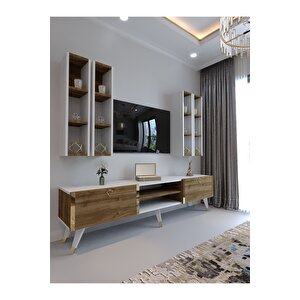 Festival Tv Ünitesi G3001-2-1 Ceviz Beyaz Color Gold Tv Sehpası Ve Duvar Rafı