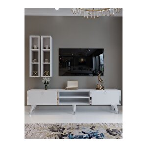 Festival Tv Ünitesi S3000-1 Beyaz Parlak Silver Detaylı Minifiks Bağlantı Tv Sehpası Ve Duvar Rafı