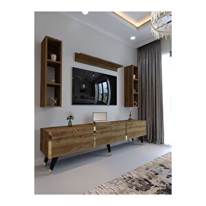 Festival Tv Ünitesi G3008-2 Cevi̇z - Color Gold Detaylı Minifiks Bağlantı Tv Sehpası Ve Duvar Rafı