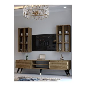 Festival Tv Ünitesi G3001-2 Cevi̇z - Color Gold Detaylı Minifiks Bağlantı Tv Sehpası Ve Duvar Rafı