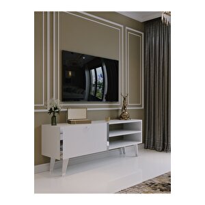 Festival Tv Sehpası S6304-1 Beyaz Parlak Silver Detaylı Minifiks Bağlantı Tv Ünitesi