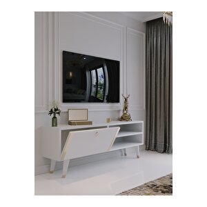 Festival Tv Sehpası G6304-1 Beyaz Parlak Gold Detaylı Minifiks Bağlantı Tv Ünitesi