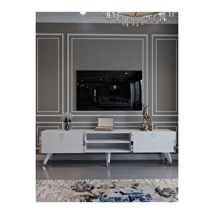Festival Tv Ünitesi S3030-1 Beyaz Parlak Silver Detaylı Minifiks Bağlantı Tv Sehpası